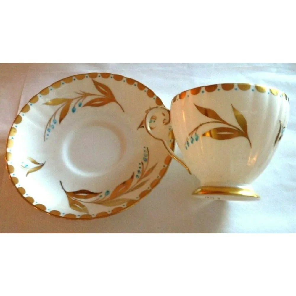 Vintage Royal Grafton – Bone White with Gold Floral & Teal Dots Tea Cup & Saucer